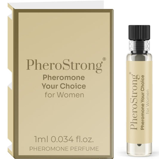 Profumo ai feromoni Pherostrong per donna, bottiglia da 1 ml con etichetta e spray, ideale come fragranza seducente.