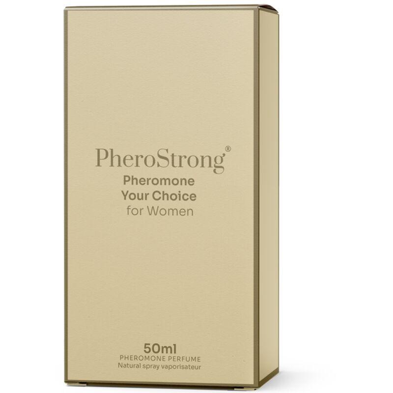 Profumo Pherostrong ai feromoni per donna, 50 ml, bottiglia elegante con etichetta rosa e dettagli moderni.