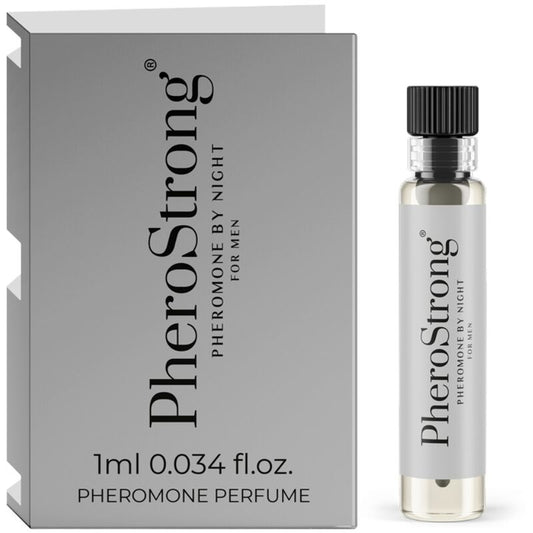 Profumo ai feromoni Pherostrong Notte per uomo, flacone da 1 ml con etichetta e spray visibile in immagine.
