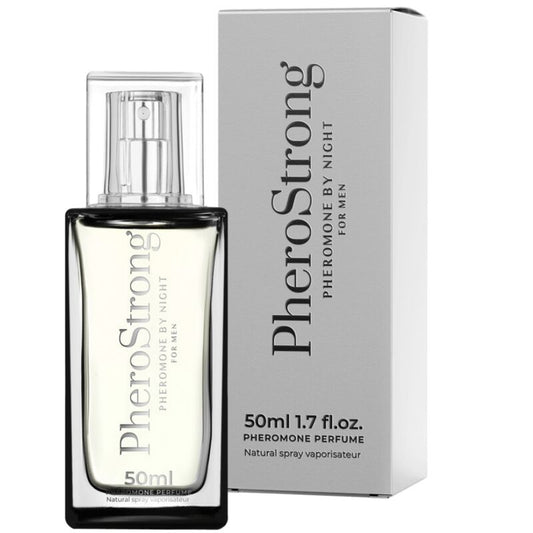 Profumo PHEROSTRONG ai feromoni notte per uomo, bottiglia da 50 ml, con flacone elegante e packaging distintivo.