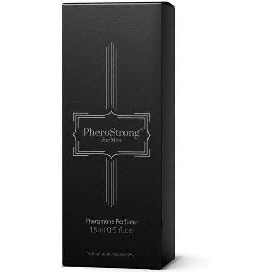 Profumo ai feromoni per uomo Pherostrong in flacone da 15 ml, con bottiglia e spray visibili nell'immagine.