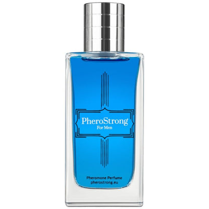 Profumo ai feromoni per uomo PHEROSTRONG da 50 ml, bottiglia elegante con etichetta blu e dettagli neri.