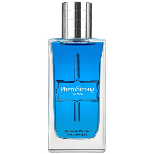 Profumo ai feromoni Pherostrong per uomo, flacone da 50 ml con bottiglia elegante e etichetta con dettagli del prodotto