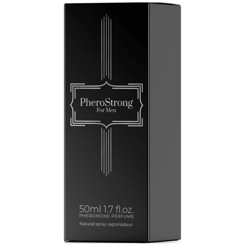 Profumo ai feromoni per uomo Pherostrong da 50 ml, bottiglia con etichetta elegante e design moderno.