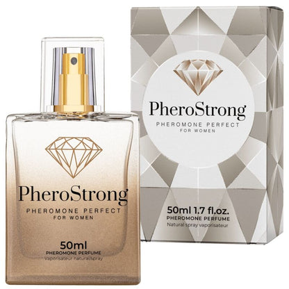 Profumo Pherostrong ai feromoni per donne, flacone da 50 ml, bottiglia con etichetta elegante e dettagli del packaging.