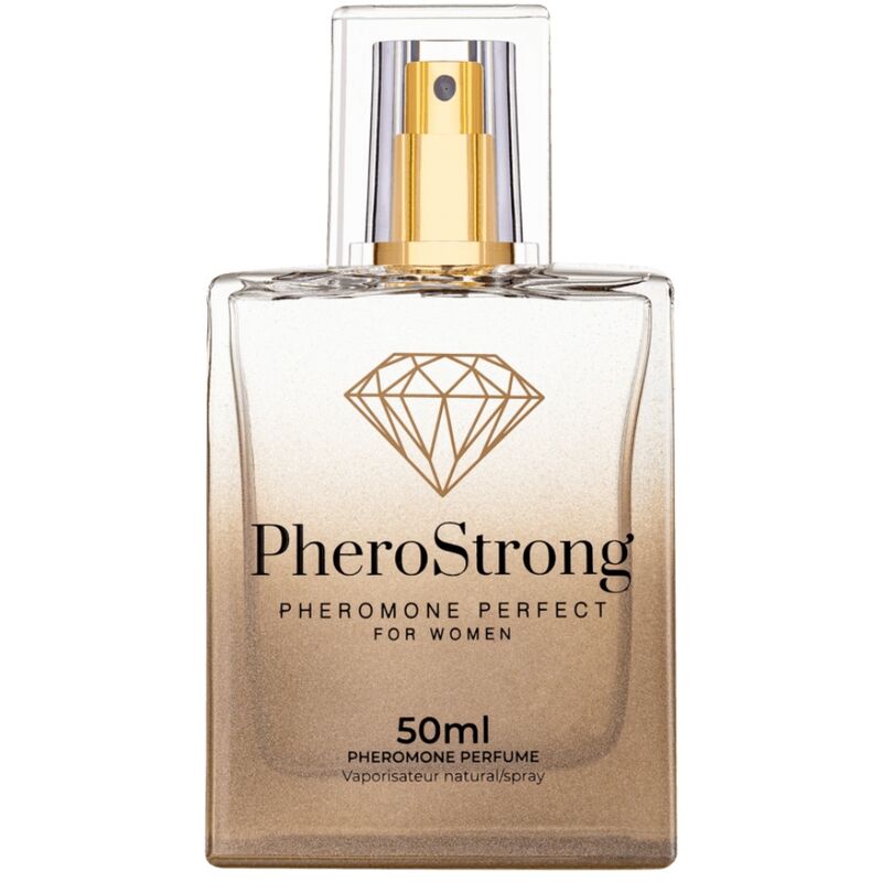 Profumo Pherostrong ai feromoni per donne, flacone da 50 ml con spray, bottiglia elegante e moderna sullo sfondo bianco.