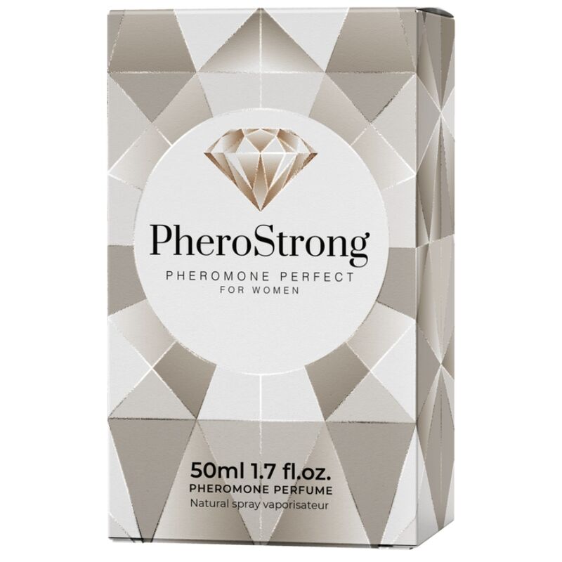Profumo ai feromoni Pherostrong per donne, bottiglia da 50 ml, con flacone trasparente e etichetta elegante.