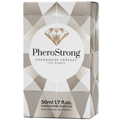 Profumo ai feromoni Pherostrong per donne, bottiglia da 50 ml, con flacone trasparente e etichetta elegante.