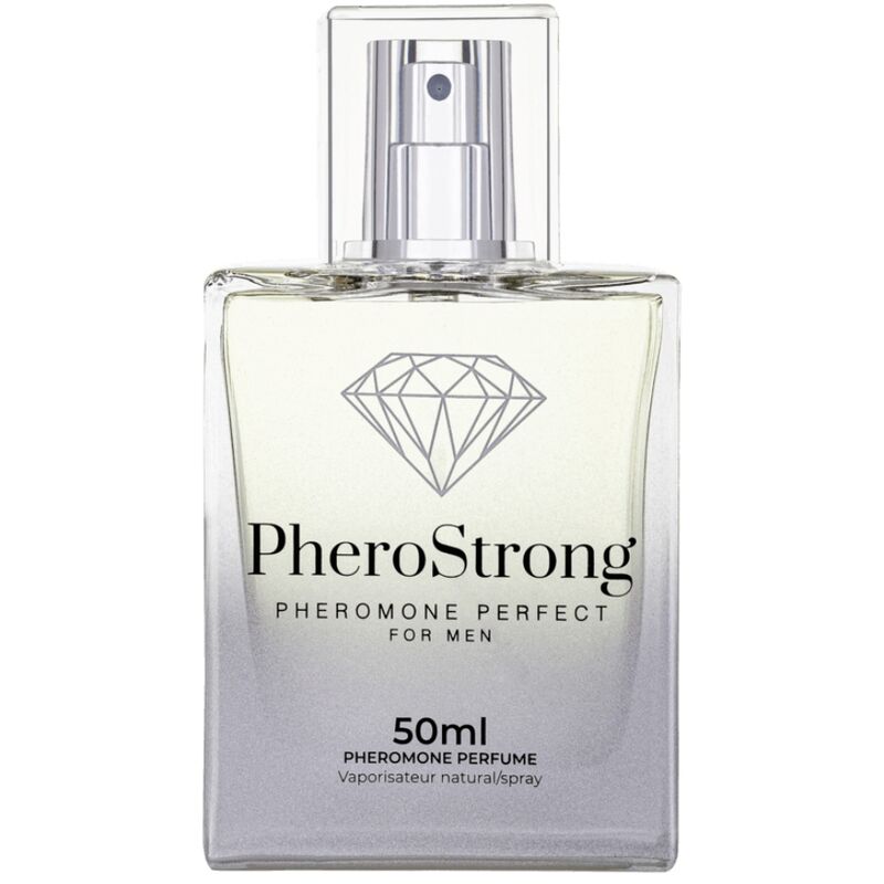Profumo Pherostrong ai feromoni per uomini, flacone da 50 ml, con etichetta e tappo nero, visibile in primo piano.