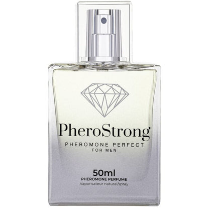 Profumo Pherostrong ai feromoni per uomini, flacone da 50 ml, con etichetta e tappo nero, visibile in primo piano.