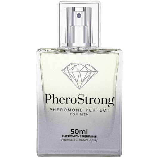 Profumo Pherostrong ai feromoni per uomini, flacone da 50 ml, con etichetta e tappo nero, visibile in primo piano.