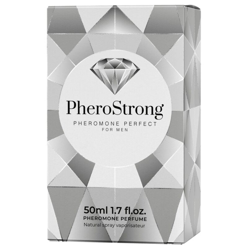 Profumo Pherostrong ai feromoni per uomini, bottiglia da 50 ml, mostra il flacone con etichetta e spray.