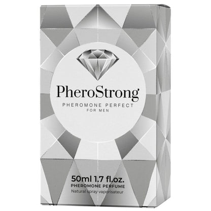 Profumo Pherostrong ai feromoni per uomini, bottiglia da 50 ml, mostra il flacone con etichetta e spray.