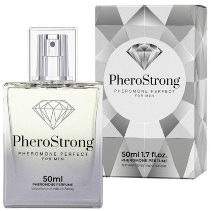 Profumo ai feromoni Pherostrong per uomini, bottiglia da 50 ml, con etichetta e tappo nero, ideale per attrazione e sicurezza.
