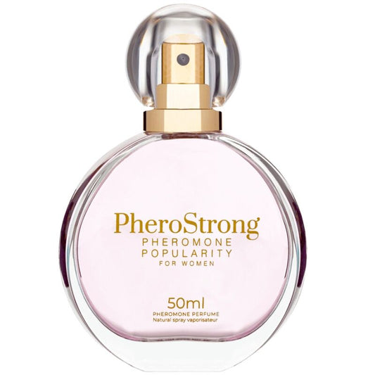 Profumo ai feromoni Pherostrong per donna, flacone da 50 ml con etichetta elegante e spray, ideale per attrarre e sedurre.