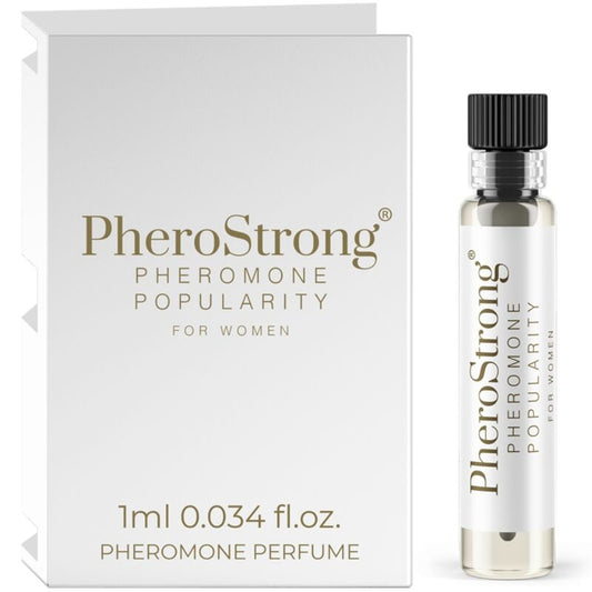Profumo ai feromoni Pherostrong per donne, flacone da 1 ml con etichetta bianca e dettagli blu, visibile in primo piano.