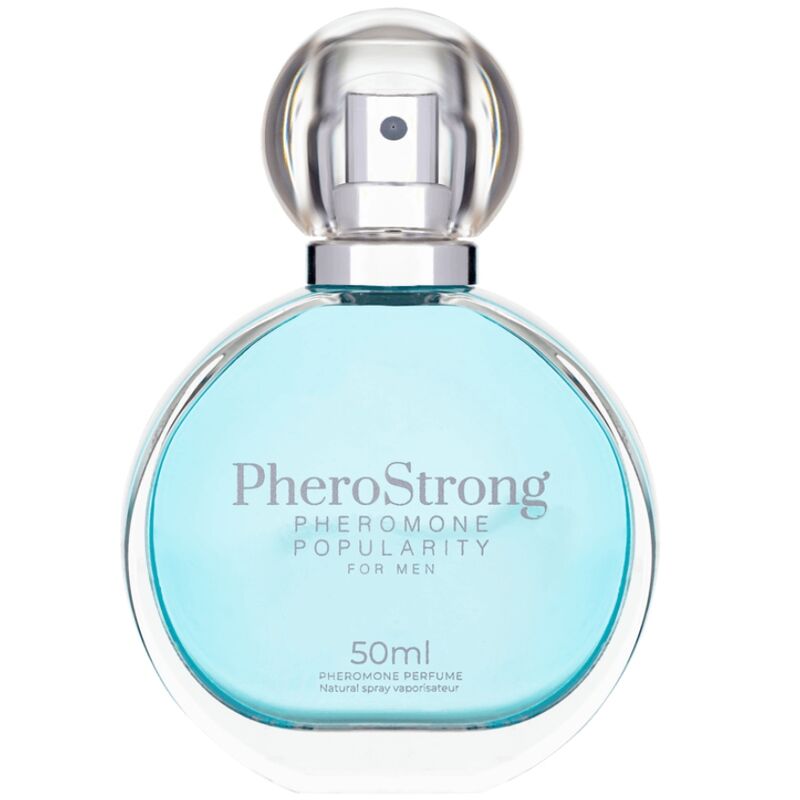 Profumo ai feromoni Pherostrong per uomini, bottiglia da 50 ml, con etichetta e tappo visibili, in un ambiente neutro.