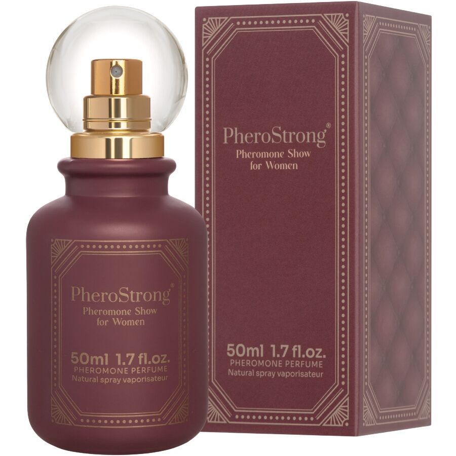 Profumo femminile Pherostrong Show con feromoni, flacone da 50 ml, bottiglia con etichetta blu e dettagli eleganti