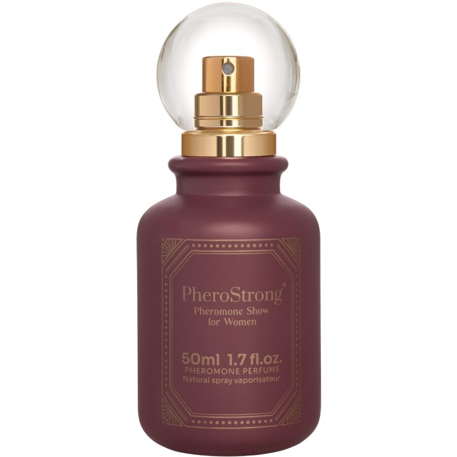Profumo ai feromoni PHEROSTRONG SHOW per donna, flacone da 50 ml con etichetta con design elegante e chic.