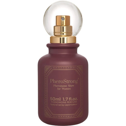 Profumo ai feromoni PHEROSTRONG SHOW per donna, flacone da 50 ml con etichetta con design elegante e chic.