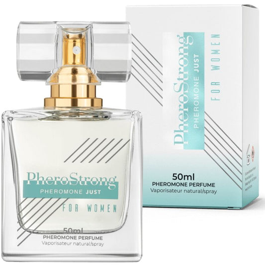 Profumo ai feromoni Pherostrong da donna, flacone da 50 ml con etichetta bianca e dettagli grafici, visibile in primo piano.