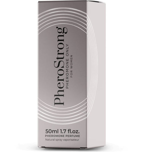 Profumo ai feromoni PHEROSTRONG per donna, flacone da 50 ml con etichetta bianca e dettagli grafici eleganti