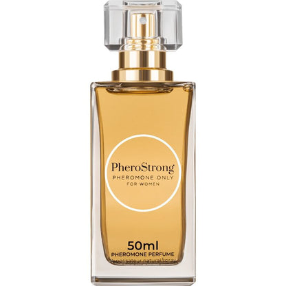 Profumo ai feromoni PHEROSTRONG per donna, flacone da 50 ml con etichetta e spray, elegante e compatto.