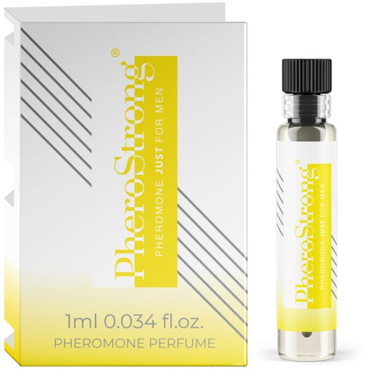 Profumo ai feromoni PHEROSTRONG per uomo, flacone da 1 ml, con etichetta e contagocce, in confezione elegante.