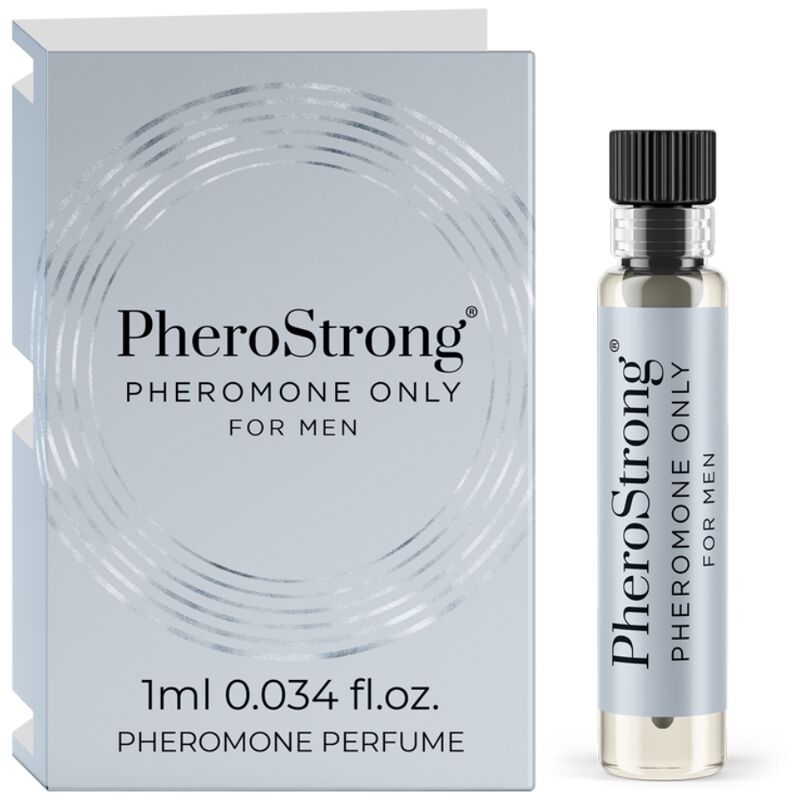 Profumo ai feromoni Pherostrong per uomo, flacone da 1 ml con etichetta elegante, visibile in primo piano.