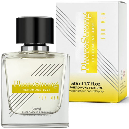 Profumo ai feromoni PHEROSTRONG per uomini, bottiglia da 50 ml, confezione elegante e design moderno.