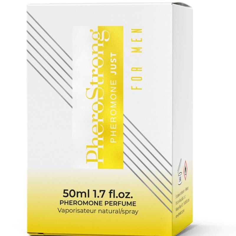 Profumo ai feromoni Pherostrong per uomini, bottiglia da 50 ml con etichetta elegante e design moderno.