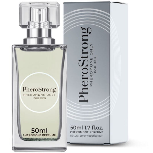 Profumo ai feromoni Pherostrong per uomini, bottiglia da 50 ml, con spray e etichetta nera.