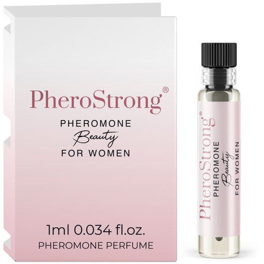 Profumo di bellezza femminile Pherostrong ai feromoni, flacone da 1 ml con etichetta e contagocce visibile