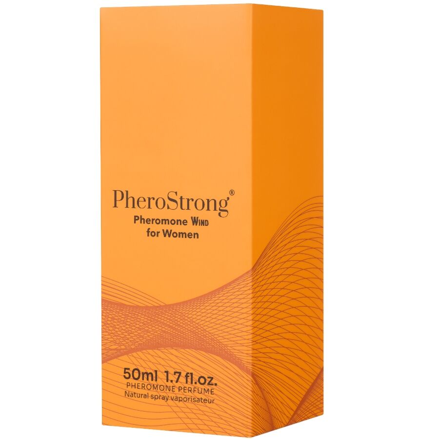Profumo feromoni Wind per donna di Pherostrong, bottiglia da 50 ml con etichetta elegante e flacone trasparente.