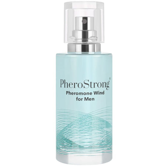 Profumo feromoni Pherostrong Wind per uomo, bottiglia da 50 ml con spray, visibile in primo piano.