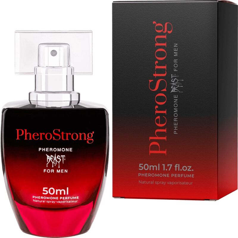 Profumo preromone Beast di Pherostrong per uomo, bottiglia da 50 ml con elegante design e etichetta nero e oro.