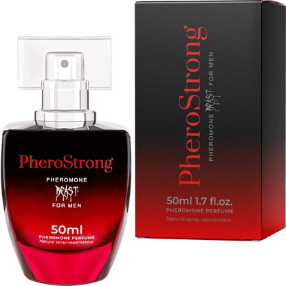 Profumo preromone Beast di Pherostrong per uomo, bottiglia da 50 ml con elegante design e etichetta nero e oro.