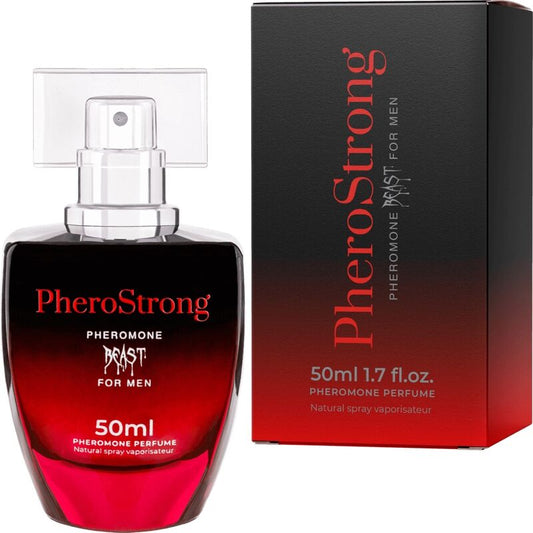 Profumo preromone Beast di Pherostrong per uomo, bottiglia da 50 ml con elegante design e etichetta nero e oro.