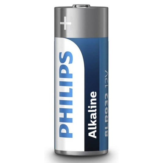 Batteria alcalina Philips 12V LR23A MN21, blister da 1, con etichetta visibile e contatti metallici.