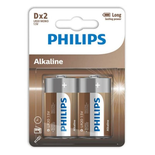 Batterie alcaline D LR20 Philips in blister, 2 pezzi, con elettrodi e etichetta visibile, ideale per dispositivi ad alta potenza.
