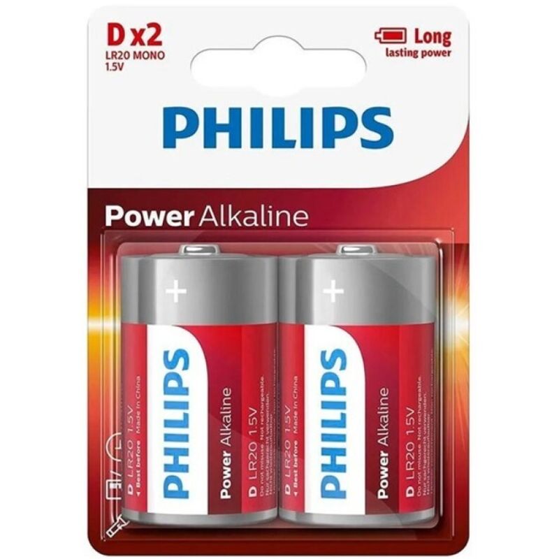 Batterie alcaliniche Philips Power D LR20 in blister da 2, ideali per dispositivi ad alta potenza.