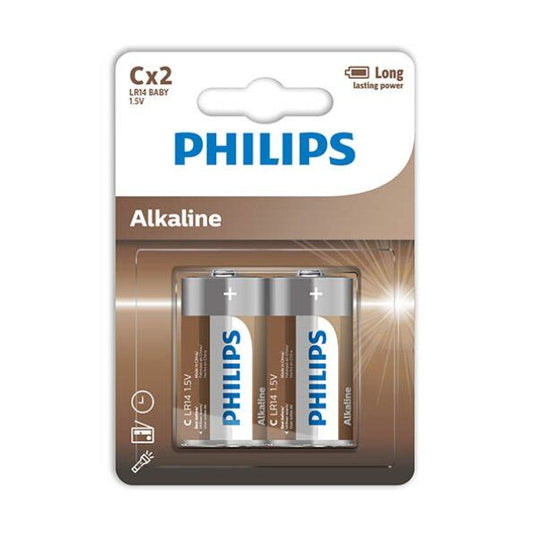 Batterie alcaline C LR14 Philips in blister da due pezzi, pila di lunga durata per dispositivi elettronici.