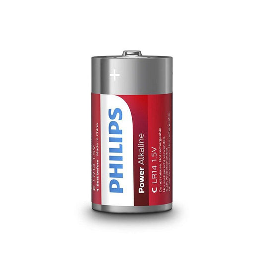 Pile alcaline Power LR14 di Philips, confezione da 2 batterie C, visibile nella confezione blister con etichetta.