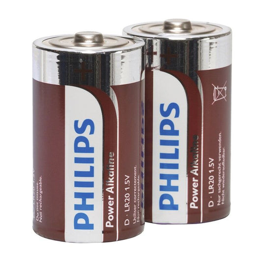 Pile alcaline Philips Power LR20 blister da 2, batterie grandi per dispositivi portatili, visibile nella confezione blister.