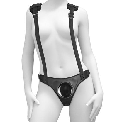 Immagine del body dock con bretelle strap-on del marchio PIPEDREAMS, dettagli visibili del dispositivo indossato.