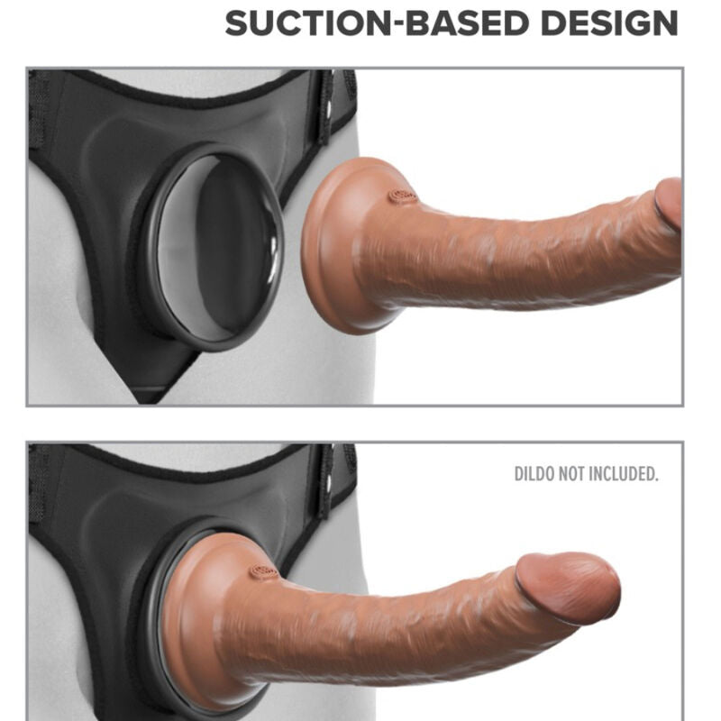 Imbracatura Body Dock Strap-On di Pipedreams con bretelle regolabili e design nero, visibile in primo piano.