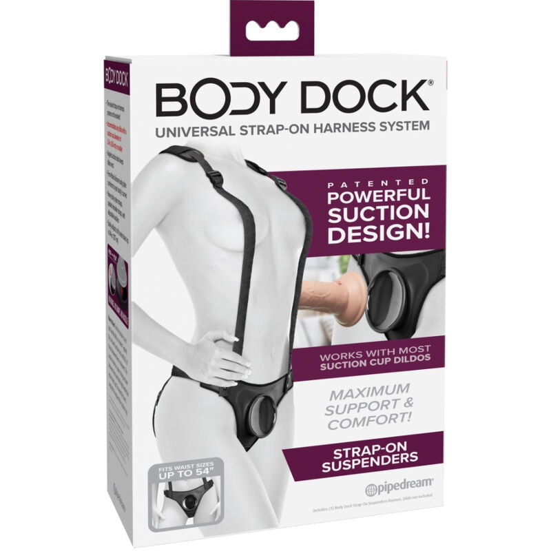 Corpetto strap-on PIPEDREAMS BODY DOCK con bretelle, silicone nero, dotato di cinghie regolabili e design ergonomico.