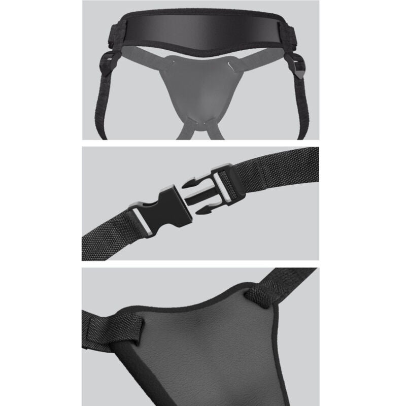 Imbracatura Body Dock Elite di Pipedreams, in nylon nero con fibbie resistenti, progettata per il comfort e la sicurezza.
