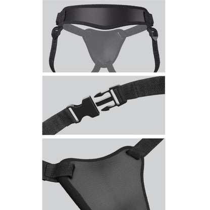 Imbracatura Body Dock Elite di Pipedreams, in nylon nero con fibbie resistenti, progettata per il comfort e la sicurezza.