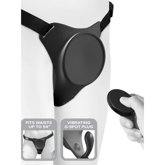Imbracatura Body Dock G-Spot Pro di Pipedreams per stimolazione e gioco intimo, con design regolabile e dettagli in tessuto nero.